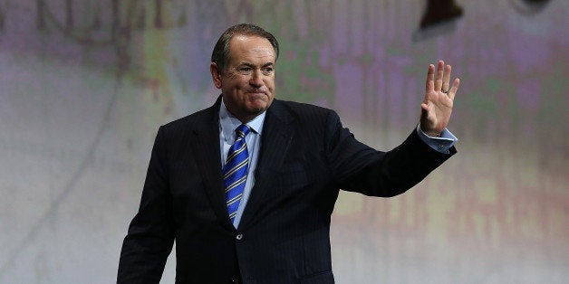 NASHVILLE, TN - APRIL 10: Former Arkansas Gov. Mike Huckabee speaks during the NRA-ILA Leadership Forum at the 2015 NRA Annual Meeting & Exhibits on April 10, 2015 in Nashville, Tennessee. The annual NRA meeting and exhibit runs through Sunday. (Photo by Justin Sullivan/Getty Images)