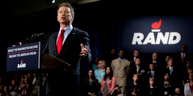 Sen. Rand Paul, R-Ky. announces the start of his presidential campaign, Tuesday, April 7, 2015, at the Galt House Hotel in Louisville, Ky. Paul launched his 2016 presidential campaign Tuesday with a combative message against both Washington and his fellow Republicans, declaring that "we have come to take our country back." (AP Photo/Carolyn Kaster)