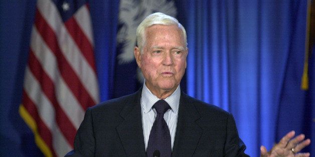 Sen. Ernest "Fritz" Hollings, D-S.C., gestures as he announces that he that will not seek re-election, during a news conference, Monday, Aug. 4, 2003, in Columbia, S.C. Hollings was first elected to the Senate in 1966 (AP Photo/Mary Ann Chastain)