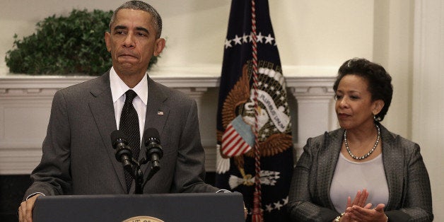 WASHINGTON, DC - NOVEMBER 08: U.S. President Barack Obama (L) introduces Loretta Lynch (R) as his nominee to replace Eric Ho