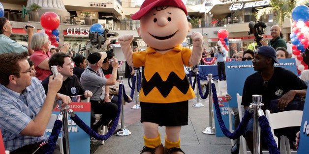 Live Peanuts cartoon characters, including Charlie Brown, participate in a mock presidential election Tuesday, Oct. 7, 2008, in the Hollywood section of Los Angeles, to promote the release of the DVD "You're Not Elected, Charlie Brown." (AP Photo/Ric Francis)