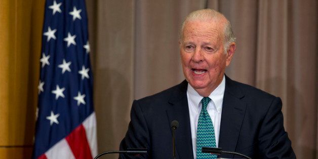 Former Secretary of State James Baker speaks during the groundbreaking ceremony for the U.S. Diplomacy Center at the State Department in Washington, Wednesday, Sept. 3, 2014. Secretary of State John Kerry hosted five of his predecessors, including Baker, in a rare public reunion for the groundbreaking of a museum commemorating the achievements of American statesmanship. (AP Photo/Carolyn Kaster)