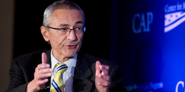 FILE - In this Nov. 19, 2014 file photo, Counselor to the President John Podesta speaks in Washington, Wednesday, Nov. 19, 2014. In the year that will pass before the 2016 campaign for president formally kicks off with the votes in the Iowa Caucus, any number of candidates, donors, political operatives _ and people who have nothing to do with American politics _ will shape the race for the White House. (AP Photo/Manuel Balce Ceneta, File)