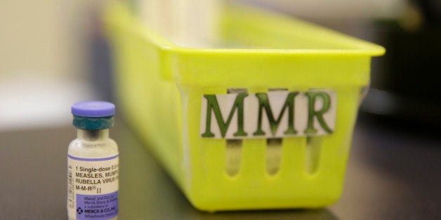 FILE- This Feb. 6, 2015, file photo shows a measles vaccine is shown on a countertop at the Tamalpais Pediatrics clinic in Gr