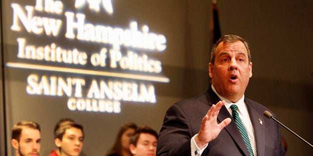 New Jersey Gov. Chris Christie, R-N.J. speaks in Manchester, N.H., Tuesday, April 14, 2015. Christie proposed pushing back the age of eligibility for Social Security and Medicare for future retirees on Tuesday as part of a plan to cut deficits by $1 trillion over a decade, an approach he said would confront the nation's "biggest challenges in an honest way." (AP Photo/Jim Cole)