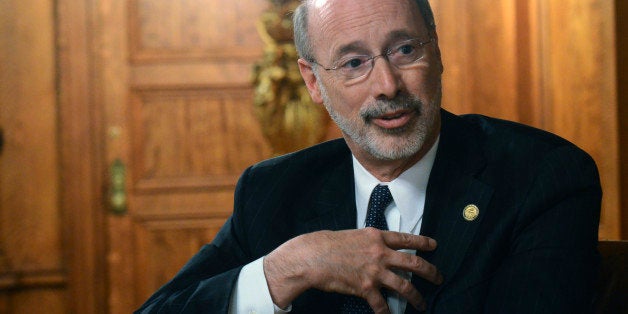 Gov. Tom Wolf speaks during an interview with The Associated Press in his Capitol offices, Wednesday, March 11, 2015 in Harri