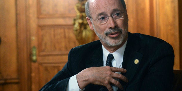 Gov. Tom Wolf speaks during an interview with The Associated Press in his Capitol offices, Wednesday, March 11, 2015 in Harrisburg, Pa. (AP Photo/Marc Levy)