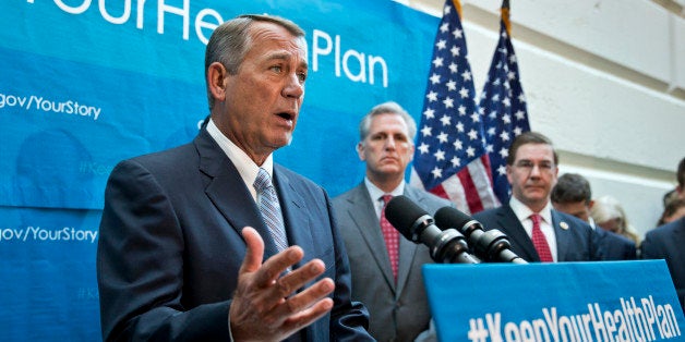 House Speaker John Boehner of Ohio, left, joined House Majority Whip Kevin McCarthy of Calif., and Rep. Keith Rothfus, R-Pa., right, meets with reporters on Capitol Hill in Washington, Tuesday, Nov. 19, 2013, following a GOP strategy session. The Republicans kept up their their criticism of the Affordable Care Act, focusing on President Barack Obamaâs promise to Americans that they could keep their private health care plans if they preferred them over Obamacare. (AP Photo/J. Scott Applewhite)