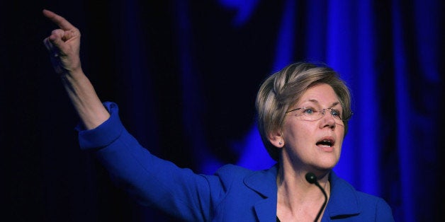 WASHINGTON, DC - APRIL 13: Sen. Elizabeth Warren (D-MA) delivers remarks during the Good Jobs Green Jobs National Conference at the Washington Hilton April 13, 2015 in Washington, DC. Sponsored by a varied coalition including lightweight metals producer Alcoa, the United Steelworks union, the Sierra Club and various other labor, industry and telecommunications leaders, the conference promotes the use of efficient and renewable energy and cooperation in updating the country's energy infrastructure. (Photo by Chip Somodevilla/Getty Images)