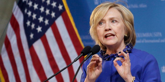 Hillary Rodham Clinton, a 2016 Democratic presidential contender, speaks at the David N. Dinkins Leadership and Public Policy Forum, Wednesday, April 29, 2015 in New York. (AP Photo/Mark Lennihan)