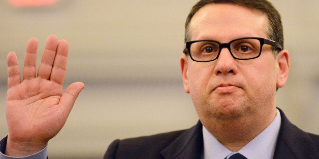 TRENTON, NJ - JANUARY 9: David Wildstein, former director of interstate capital projects for the Port Authority is sworn in to testify at a hearing held by the Assembly Transportation Committee January 9, 2014 in Trenton, New Jersey, Pennsylvania. The committee has subpoenaed David Wildstein former director of interstate capital projects for the Port Authority to testify about the agency's decision to temporarily close some access lanes to the George Washington Bridge in Fort Lee in September 2013. (Photo by William Thomas Cain/Getty Images)