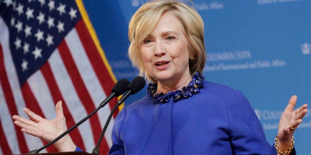 In this April 29, 2015, photo, Democratic presidential hopeful former Sen. Hillary Rodham Clinton speaks at the David N. Dinkins Leadership and Public Policy Forum in New York. Jeb Bush wants Republicans to know heâs breaking fundraising records. Clinton wants Democrats to think she wonât. (AP Photo/Mark Lennihan)