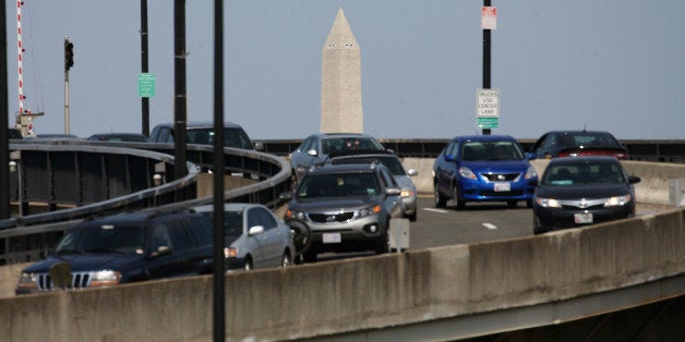 WASHINGTON, DC - APRIL 13: The Washington Monument can be seen as traffic travels over the Frederick...