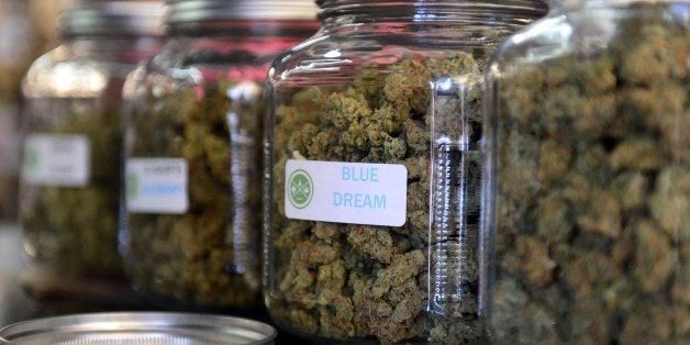 The highly-rated strain of medical marijuana 'Blue Dream' is displayed among others in glass jars at Los Angeles' first-ever cannabis farmer's market at the West Coast Collective medical marijuana dispensary, on the fourth of July, or Independence Day, in Los Angeles, California on July 4, 2014 where organizer's of the 3-day event plan to showcase high quality cannabis from growers and vendors throughout the state. A vendor is seen here responding to questions and offering a whiff of the strain 'Skyjack'. AFP PHOTO/Frederic J. BROWN (Photo credit should read FREDERIC J. BROWN/AFP/Getty Images)