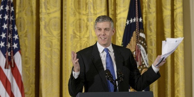 US Secretary of Education Arne Duncan speaks at the ConnectED conference in the East Room of the White House November 19, 2014 in Washington, DC. US President Barack Obama hosted school leaders and educators from across the country at the White House for ConnectED to the Future, a day-long convening to explore the potential of education technology and the innovations needed to bring Americas schools into the digital age. At the event, the President will launch his Administrations effort to assist school leaders in their transition to digital learning, following his plan to connect 99 percent of Americas students high-speed broadband internet in their schools and librariesAFP PHOTO/Brendan SMIALOWSKI (Photo credit should read BRENDAN SMIALOWSKI/AFP/Getty Images)