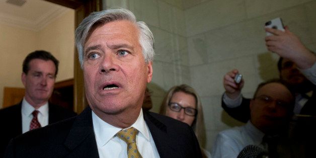 File-This March 30, 2015, file photo shows Senate Republican leader Dean Skelos, R-Rockville Centre, talking about the state budget with the media at the state Capitol on in Albany, N.Y. Skelos said Thursday, April 16, 2015, that he will cooperate with authorities following a published report that prosecutors and the FBI are investigating him and his son. (AP Photo/Mike Groll, File)