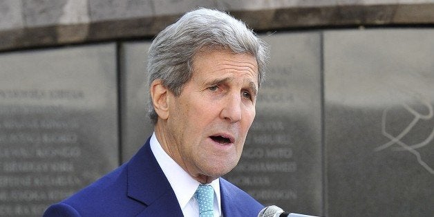 U.S. Secretary of State John Kerry addresses family members, friends and former workers of the US Embassy that was bombed in 1998 during a wreath laying ceremony at the August 7 Memorial Park, the site of the embassy bombing in Nairobi, on May 4, 2015. Kerry called for unity in the face of terror attacks, as he visited a memorial in Kenya to the 1998 bombing of the US embassy. AFP PHOTO / SIMON MAINA (Photo credit should read SIMON MAINA/AFP/Getty Images)