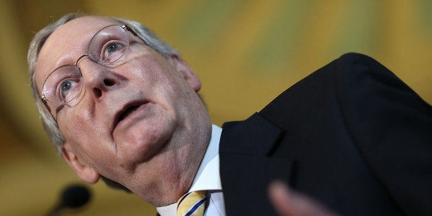 WASHINGTON, DC - APRIL 21: Sen. Majority Leader Mitch McConnell (R-KY) answers questions from the media following the Senate