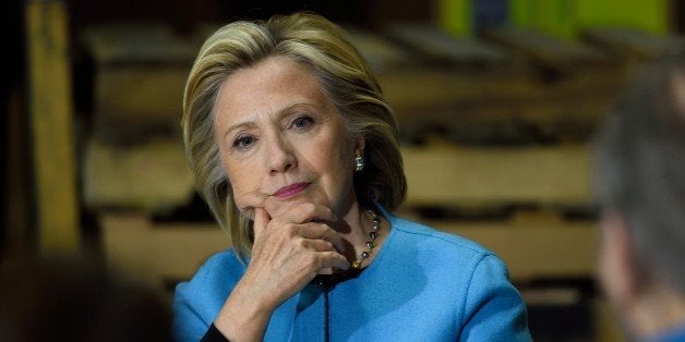 Hillary Clinton participates in a round table discussion with Whitney Brothers management and employees April 20, 2015 in Kee