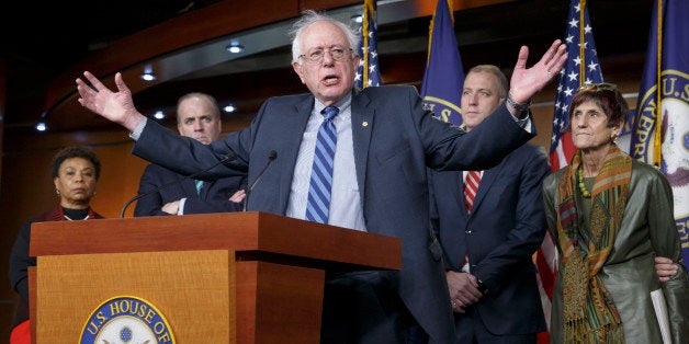 Sen. Bernie Sanders, I-Vt., joins House Democrats in stating their disagreement and disappointment with President Barack Obama's State of the Union request for fast track trade authority, Wednesday, Jan. 21, 2015, on Capitol Hill in Washington. From left are, Rep. Barbara Lee, D-Calif., Rep. Dan Kildee, D-Mich., Sanders, Rep. Sean Patrick Maloney, D-N.Y., and Rep. Rosa DeLauro, D-Conn. In a rare move away from his own party, Obama generated more applause from pro-trade Republicans than skeptical Democrats with his agenda to negotiate sweeping trade deals with Asian and European economies and reach agreement on the Trans-Pacific Partnership. (AP Photo/J. Scott Applewhite)