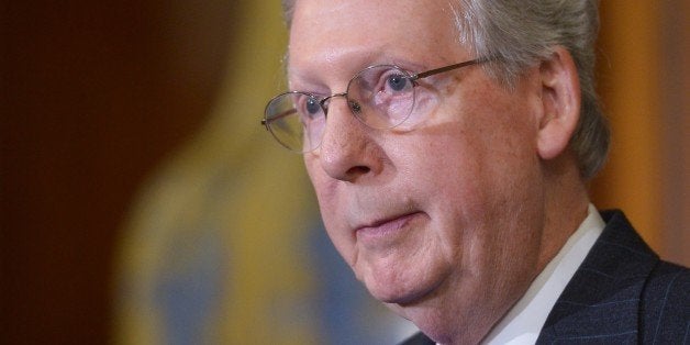 Senate Majority Leader Mitch McConnell, R-KY, speaks during the signing ceremony for H.R.203, the 'Clay Hunt Suicide Prevention for American Veterans Act.' in the US Capitol on February 10, 2015 in Washington, DC. AFP PHOTO/MANDEL NGAN (Photo credit should read MANDEL NGAN/AFP/Getty Images)