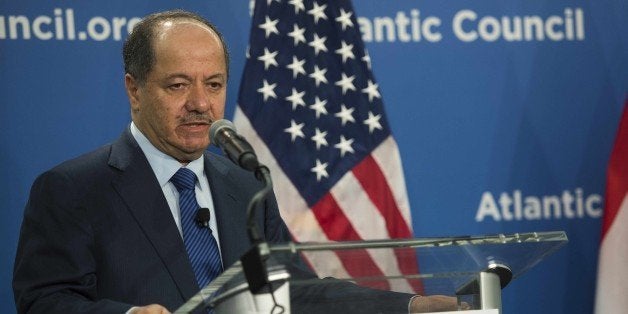 President of the Kurdistan region of Iraq, Masoud Barzani speaks at the Atlantic Council in Washington, DC, May 6, 2015. Barzani met May 5 with US President Barack Obama, who praised the 'courage' of the Kurdish peshmergas, key pieces of land in combating jihadists the Islamic State. President Obama and Vice President Joe Biden reaffirmed support 'strong and continuous' Washington to the autonomous region of Iraqi Kurdistan and the Kurdish people. AFP PHOTO/JIM WATSON (Photo credit should read JIM WATSON/AFP/Getty Images)