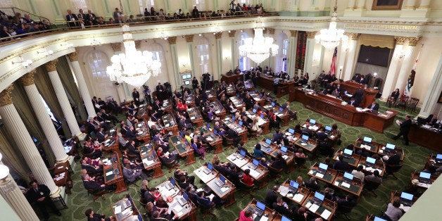 The California State Assembly met for an organizational session where lawmakers took the oath of office at the Capitol in Sacramento, Calif., Monday, Dec. 1, 2014. Both houses of the Legislature will reconvene after the new year.(AP Photo/Rich Pedroncelli)