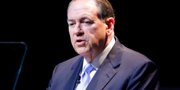 Former Arkansas Gov. Mike Huckabee speaks to supporters in Hope, Ark., Tuesday, May 5, 2015. Huckabee announced that he is seeking the Republican nomination in the 2016 race for president. (AP Photo/Danny Johnston)