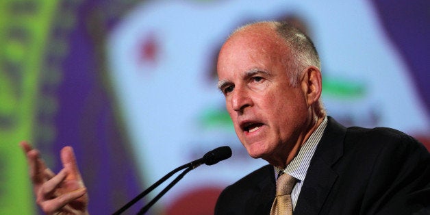 FILE - In this May 22, 2012 file photo, Gov. Jerry Brown discusses his proposed tax initiative, Proposition 30, during his ap