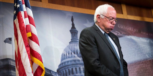 Democratic presidential candidate Sen. Bernie Sanders, I-Vt., pauses during a news conference on Capitol Hill in Washington, Wednesday, May 6, 2015. Sanders, the ranking member of the Senate Budget Committee and Rep. Brad Sherman, D-Calif. unveiled legislation they will introduce to break up the nation's biggest banks. (AP Photo/Evan Vucci)