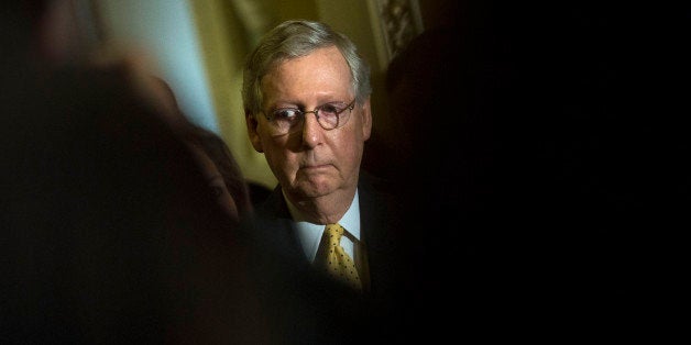 WASHINGTON, DC - APRIL 28:Senate Majority Leader Mitch McConnell (R-KY) waits to speak during a news conference after a policy meeting with Senate Republicans, on Capitol Hill, April 28, 2015 in Washington, DC. The Senate began debate on Tuesday on legislation granting Congress the ability to review and possibly reject any nuclear deal the United States makes with Iran. (Photo by Drew Angerer/Getty Images)