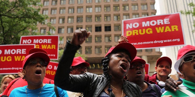 NEW YORK, NY - JUNE 13: Marijuana legalization advocates and members of community groups attend a rally against marijuana arrests in front of One Police Plaza on June 13, 2012 in New York City. The New York City Council is set to vote on a resolution that would decriminalize possession of small amounts of marijuana in public view. New York Gov. Andrew Cuomo has urged the state's lawmakers to pass the law which many say leads to the arrests of a disproportion of minority youths. (Photo by Spencer Platt/Getty Images)