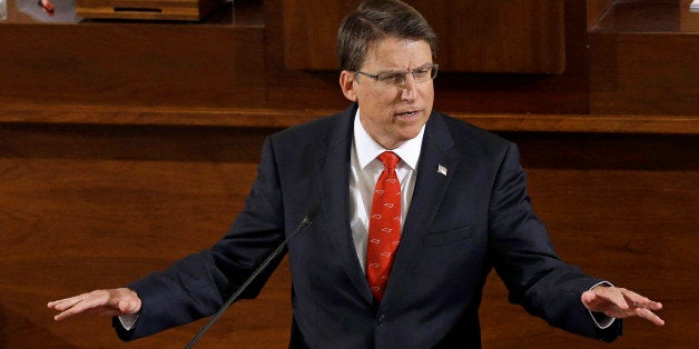 FILE - In this Feb. 4, 2015 file photo, Gov. Pat McCrory delivers his State of the State address to a joint session of the General Assembly in Raleigh, N.C. When McCrory was running for governor, he pledged to run an open and transparent administration. But since he took office in 2013, the release of information requested under the stateâs public records laws has slowed to a crawl. Some requests have languished for nearly two years. (AP Photo/Gerry Broome)