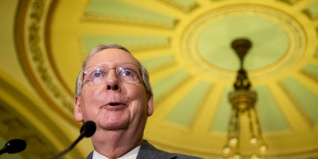 Senate Majority Leader Sen. Mitch McConnell of Ky. speaks to reporters on Capitol Hill in Washington, Tuesday, April 14, 2015