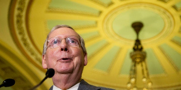 Senate Majority Leader Sen. Mitch McConnell of Ky. speaks to reporters on Capitol Hill in Washington, Tuesday, April 14, 2015, following a Senate policy luncheon. (AP Photo/Manuel Balce Ceneta)