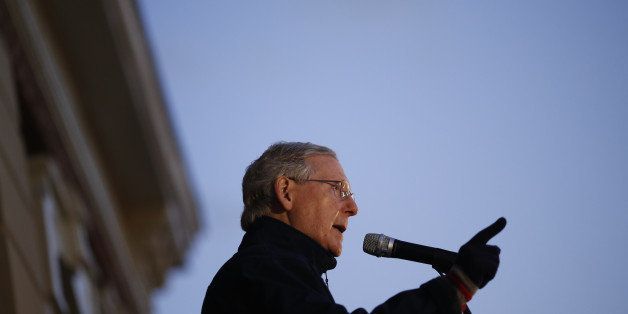 GEORGETOWN, KY - NOVEMBER 1: Senate Minority Leader Mitch McConnell (R-KY) delivers remarks during a campaign rally at the Scott County Courthouse on Saturday, November 1, 2014 in Georgetown, Kentucky. The most recent Bluegrass Poll shows McConnell with a five point lead over Democratic challenger Alison Lundergan Grimes. (Photo by Luke Sharrett/Getty Images)