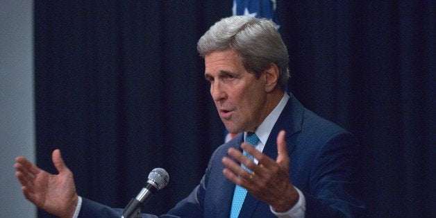 US Secretary of State John Kerry holds a press conference at Sankara hotel in the Kenyan capital Nairobi on May 4, 2015. Kerry vowed support to Kenya in the battle against Somalia's Al-Qaeda-affiliated Shebab, after calling for unity in the face of terror attacks. AFP PHOTO / TONY KARUMBA (Photo credit should read TONY KARUMBA/AFP/Getty Images)