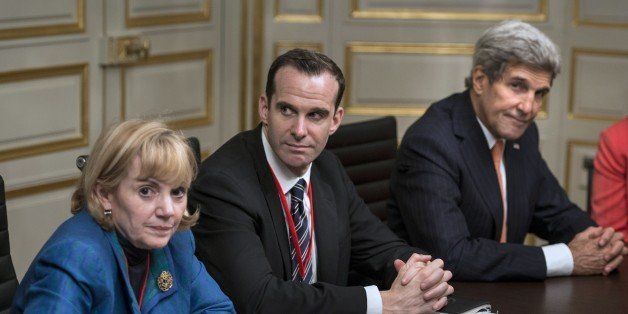 (From L) Anne Patterson, US Assistant Secretary, Bureau of Near Eastern Affairs, Brett McGurk, Deputy US Assistant Secretary of State for Iraq and Iran, and US Secretary of State John Kerry wait prior to a meeting with Iraq's President at the Iraqi Embassy on September 15, 2014 in Paris. World leaders are meeting about strategies to address the threat in the Mideast from ISIS. AFP PHOTO / POOL / BRENDAN SMIALOWSKI (Photo credit should read BRENDAN SMIALOWSKI/AFP/Getty Images)