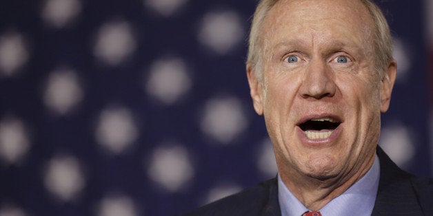 CHICAGO, IL - NOVEMBER 4: Republican gubernatorial candidate Bruce Rauner declares victory during his election night gathering while incumbent Democratic Gov. Pat Quinn is yet to concede on November 4, 2014 in Chicago, Illinois. Rauner leads by over 170,000 votes with 98 percent reporting. (Photo by John Gress/Getty Images)