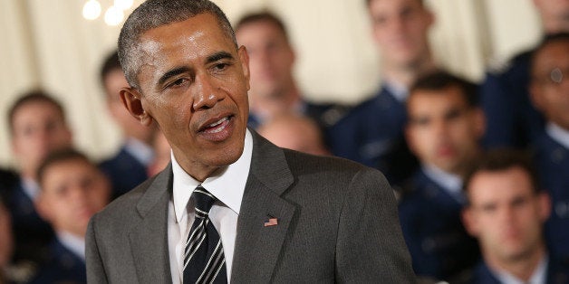 WASHINGTON, DC - MAY 07: President Barack Obama speaks during the Commander-in-Chief trophy presentation to the United States Air Force Academy football team in the East Room of the White House May 7, 2015 in Washington, DC. The Commander-in-Chief trophy is awarded each year to the winner of the American football series featuring the U.S. Naval Academy, U.S. Air Force Academy and U.S. Military Academy. (Photo by Win McNamee/Getty Images)