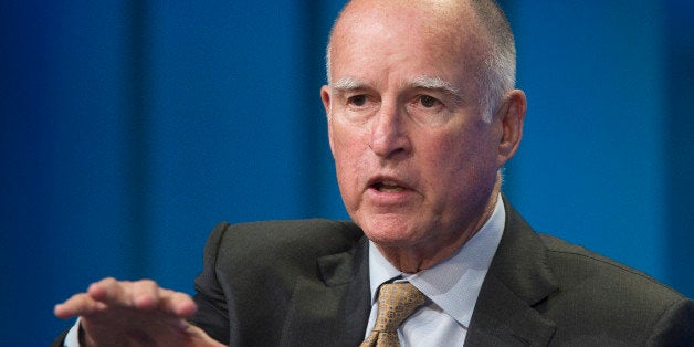 LOS ANGELES, CA - APRIL 29: California governor Jerry Brown talks about new efforts to cope with climate change during a panel discussion at the 18th annual Milken Institute Global Conference on April 29, 2015 in Beverly Hills, California. The governor issued an executive order today to cut greenhouse gas emissions by 40 percent compared with 1990 levels, making California's efforts to reduce greenhouse gas emissions the most stringent in North America. (Photo by David McNew/Getty Images)