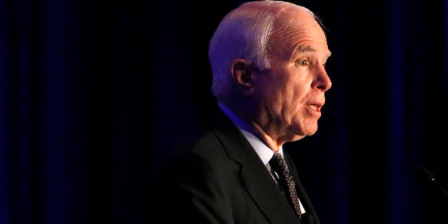 Sen. John McCain, R-Ariz. formally announces his candidacy for re-election in 2016 at an Arizona Chamber of Commerce luncheon, Tuesday, April 7, 2015, in Phoenix. McCain announced Tuesday that he will run for re-election in 2016, making official a move that has been widely expected for the Republican as he looks to extend his nearly three-decade career in the Senate. (AP Photo/Ross D. Franklin)