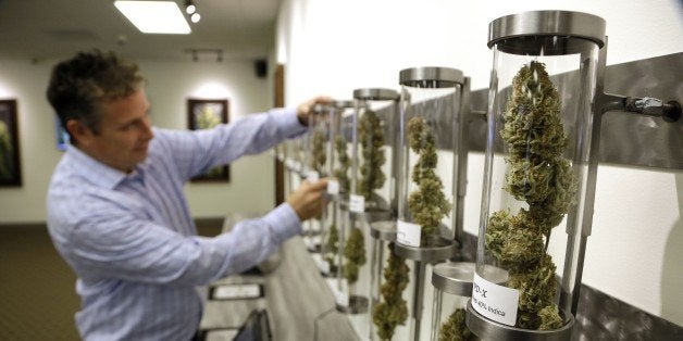 In this Wednesday, Nov. 5, 2014 photo, Shane McKee, co-founder of Shango Premium Cannabis medical marijuana dispensary, pulls a sample from their display of cannabis flowers in Portland, Ore. Oregon cities scrambled to pass taxes on marijuana before a legalization measure went before voters. Their bet: That the taxes would get grandfathered in. But Measure 91, passed by voters on Nov. 4, has a clause forbidding any taxation on marijuana except by the state. (AP Photo/Don Ryan)