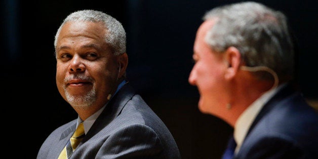 Democratic mayoral candidate and State Sen. Anthony Hardy Williams, left, and former City Councilman James Kenney take part in a debate, Monday, May 4, 2015, at Temple University in Philadelphia. The primary election is scheduled to take place on May 19. (AP Photo/Matt Rourke)