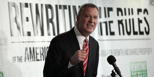 WASHINGTON, DC - MAY 12: New York City Mayor Bill de Blasio speaks about the release of a new report authored by Nobel-prize winning economist Joseph Stiglitz published by the Roosevelt Institute May 12, 2015 in Washington, DC. The report, titled ÃNew Economic Agenda for Growth and Shared ProsperityÃ, discusses the current distribution of wealth in the U.S. and offers proposals for modifying that distribution. (Photo by Win McNamee/Getty Images)