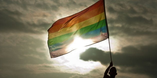 A person holds a rainbow flag during the Gay Pride Parade in San Salvador, El Salvador, on June 28, 2014. AFP PHOTO/ Jose CAB