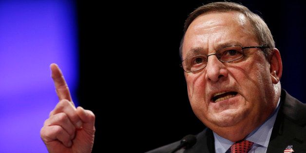Maine Gov. Paul LePage delivers his inauguration address after taking the oath of office for his second term at the Augusta Civic Center, Wednesday, Jan. 7, 2015, in Augusta, Maine. (AP Photo/Robert F. Bukaty)