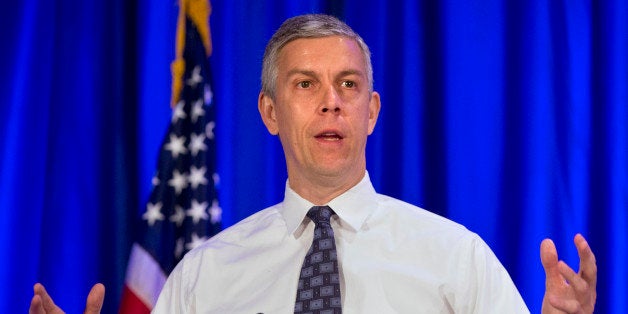Education Secretary Arne Duncan speaks at the National Forum on Youth Violence Prevention, Tuesday, May 12, 2015, in Arlingto