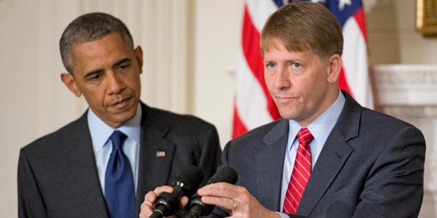 WASHINGTON, DC - JULY 17: (AFP OUT) Richard Cordray, Director of the Consumer Financial Protection Bureau, makes remarks after United States President Barack Obama spoke on his confirmation in the State Dining Room of the White House July 17, 2013 in Washington, DC. Previously, Cordray was Attorney General of Ohio. (Photo by Ron Sachs-Pool/Getty Images)