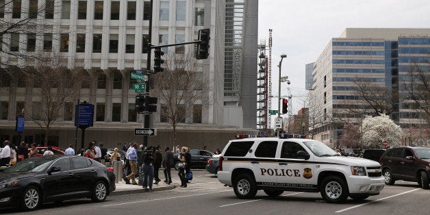 WASHINGTON, DC - APRIL 07: A U.S. Secret Service Uniform Division patrol vehicle blocks eastbound traffic at the intersectio